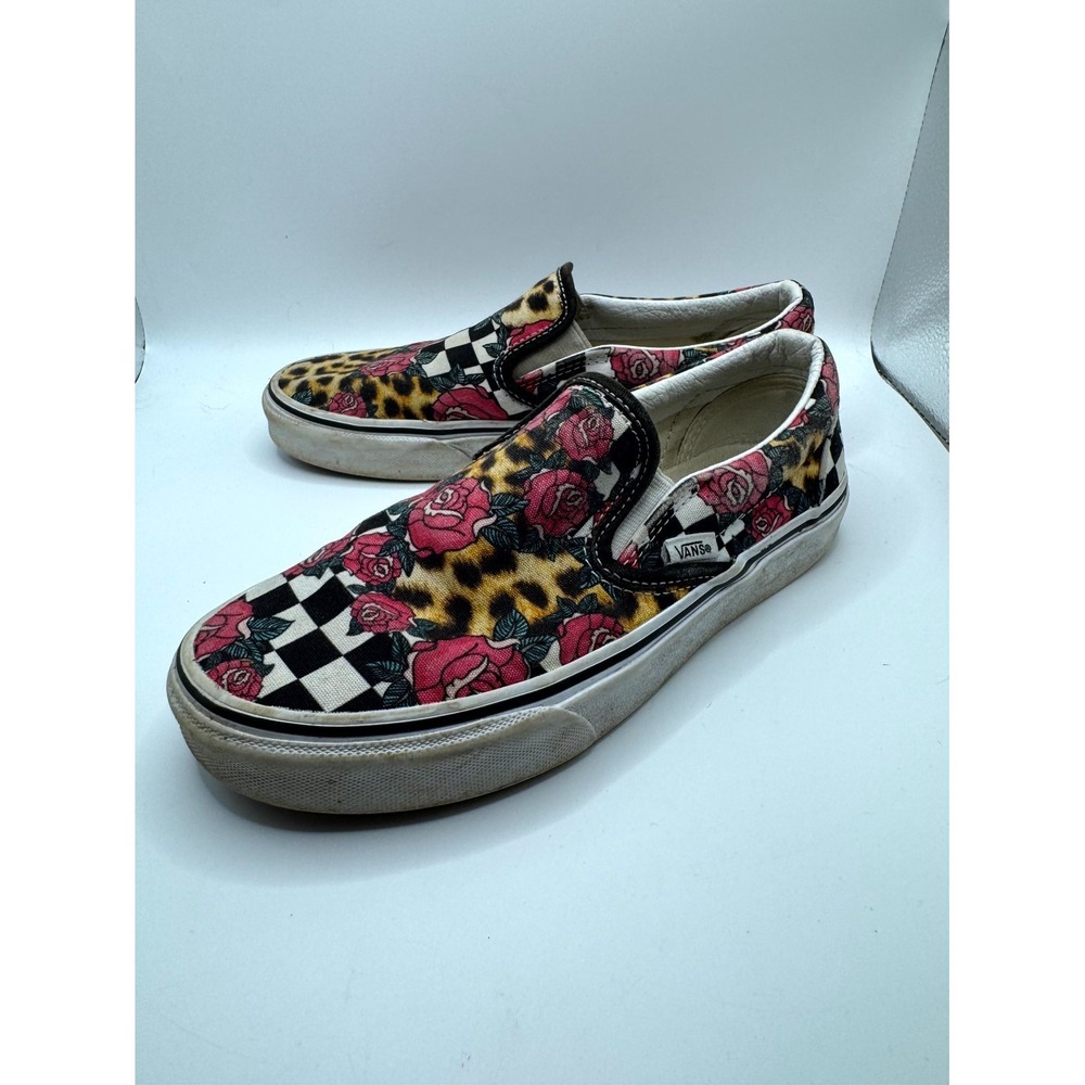 VANS Classic Slip-On Rose Animal Checkerboard Women 6 Sneaker Multi Canvas Skate